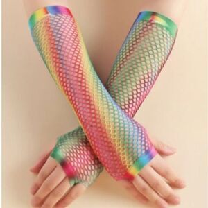 Rainbow Fingerless Gloves Mesh Fishnet 80s 90s Retro NWT